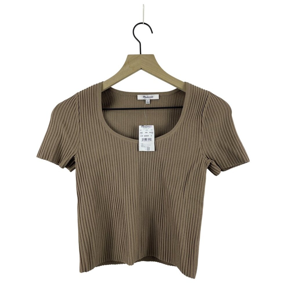 Madewell Women's Small Ottoman Crop Ribbed Sweater Scoop Neck T-Shirt NWT Mocha